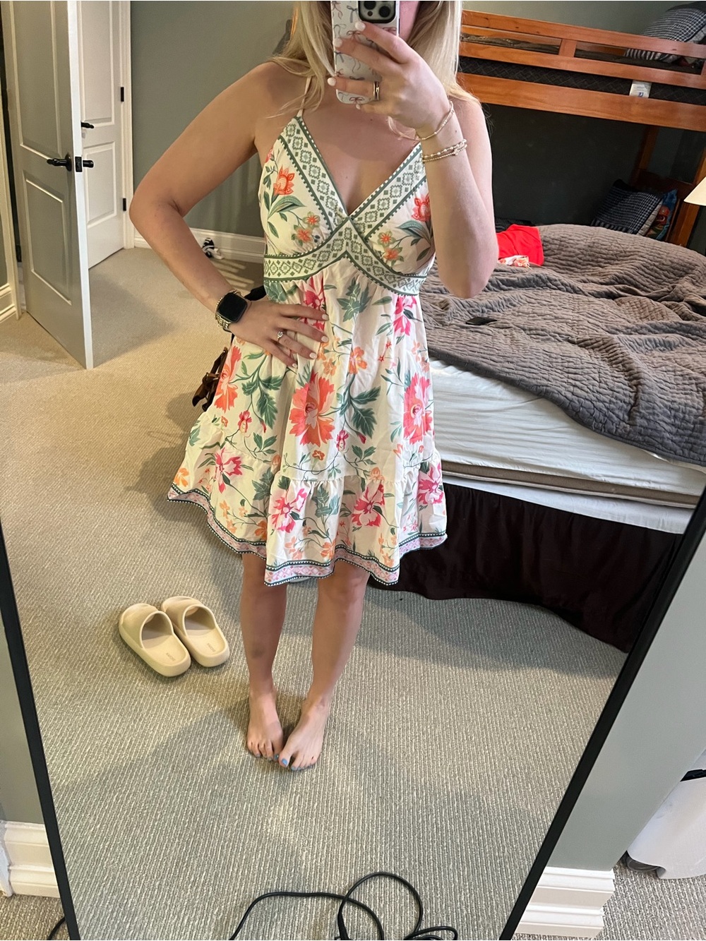 Floral Spaghetti-Strap Sundress in Cream and Coral